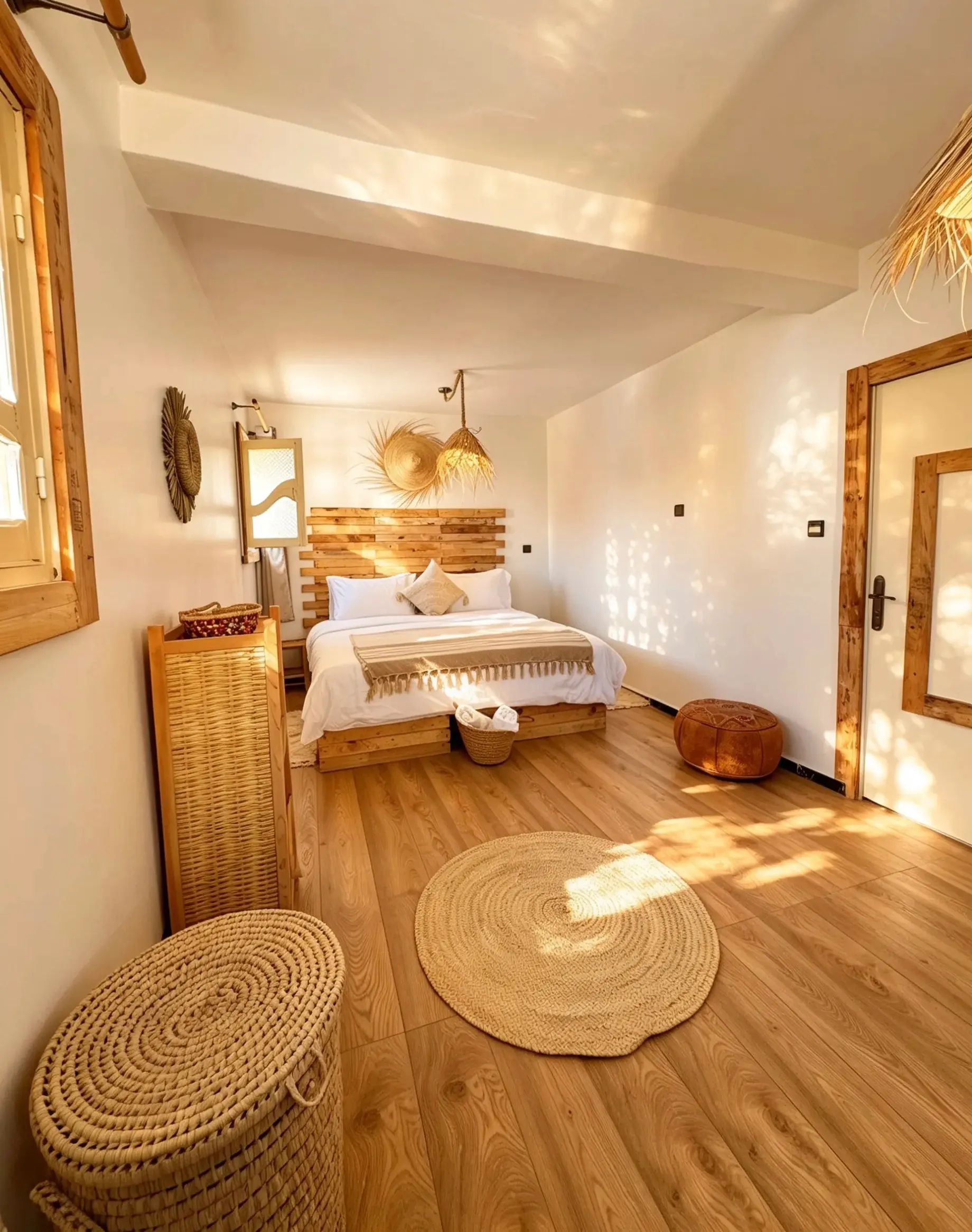 Another double room at Gripsea with warm wood, white walls and woven pendant lights